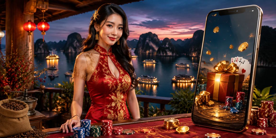 Người dùng ngắm cảnh Vịnh Hạ Long và truy cập ứng dụng casino trực tuyến trên điện thoại