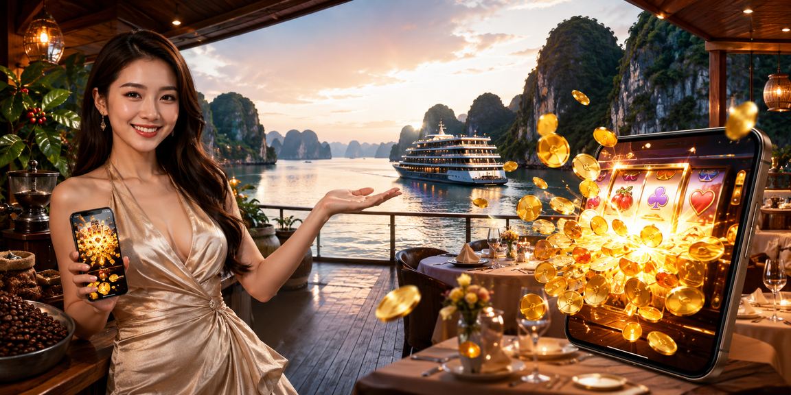 Người chơi slot game bên tách cà phê với phong cảnh Vịnh Hạ Long nhìn từ xa